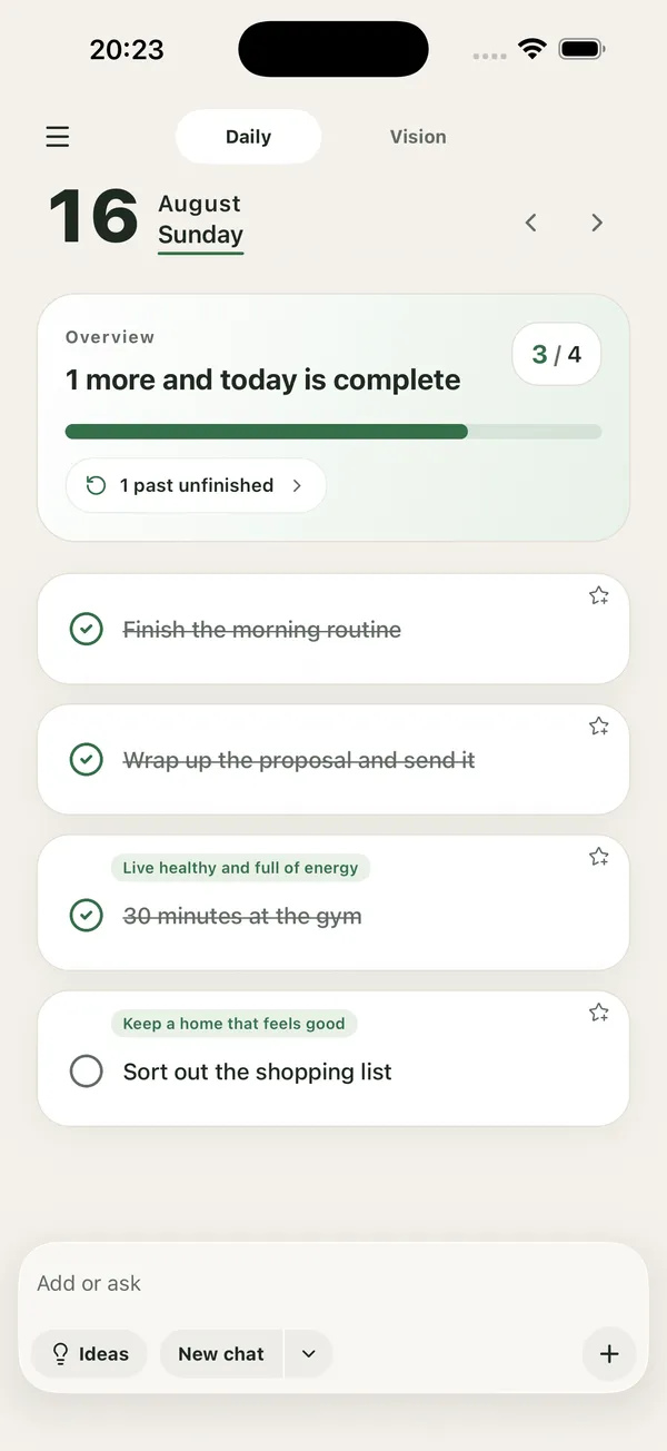 The TodOne screen showing today's tasks