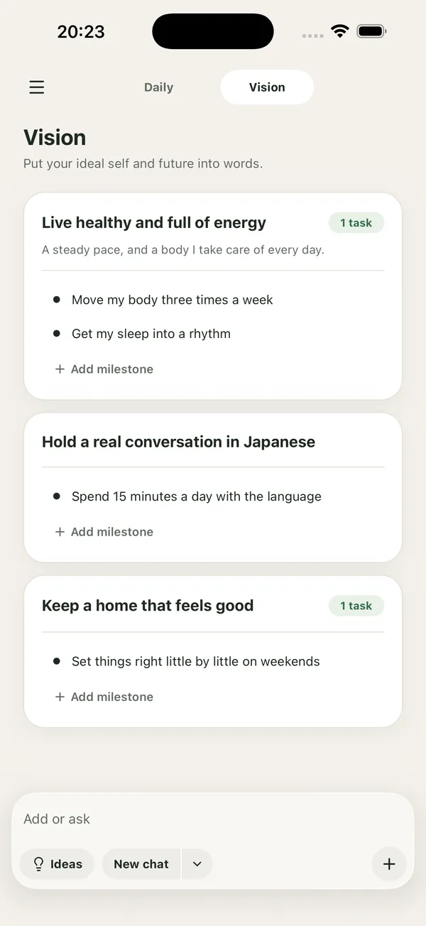 The TodOne screen for saving how you want to be as a vision