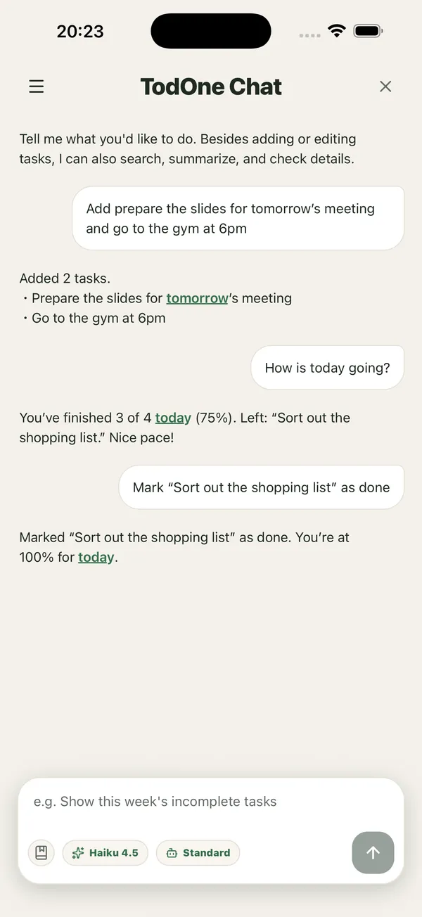The TodOne AI chat screen, where tasks are handled in plain language
