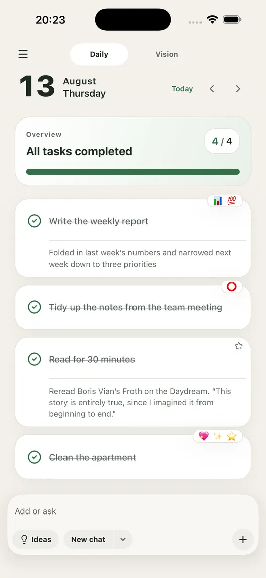 The TodOne screen for looking back at completed tasks with stamps and notes